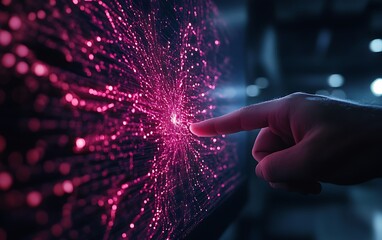 Aufkleber - A hand is touching a glowing, pink, radial network of particles on a screen, suggesting interaction with digital technology.