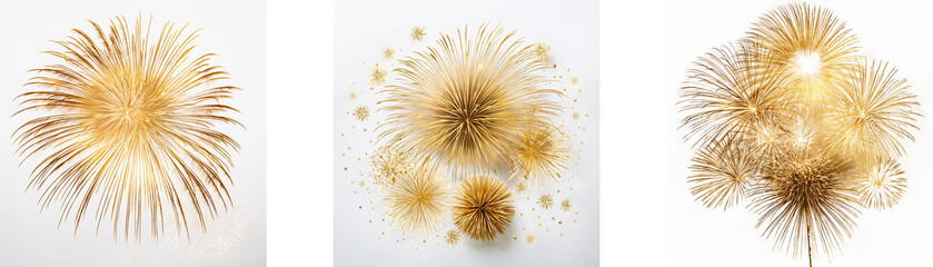 Poster - Three images of stylized golden firework displays on white backgrounds.