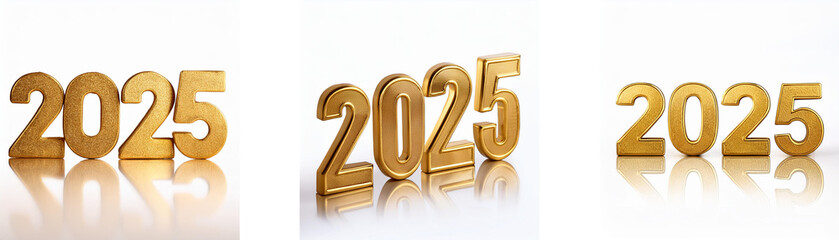 Poster - The year 2025 is displayed three times in golden numbers with reflections on a white background.