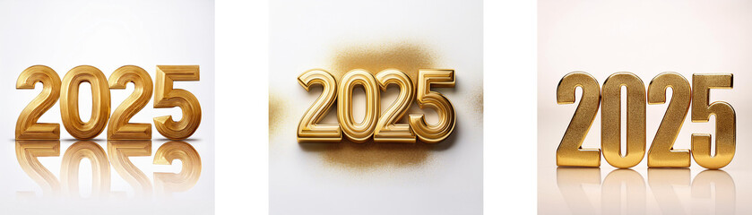 Poster - Three depictions of the year 2025 in golden numerals with varying backgrounds.