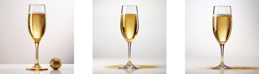 Fototapete - Three champagne flutes on white backgrounds.  One is full, one is empty and one is halfway full.