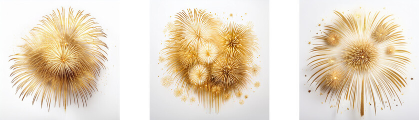 Poster - Three golden abstract art pieces with layered circular shapes. The shapes resemble exploding fireworks.