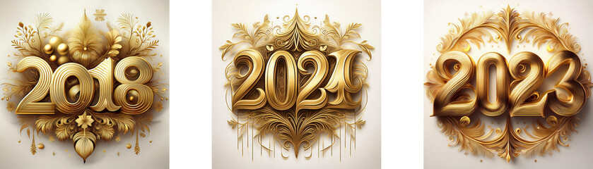 Poster - Three golden numbers, each year representing 2018, 2021, and 2023, are surrounded by ornate gold decorative flourishes on a white background.