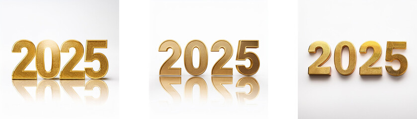 Poster - Three different styles of the year 2025 in gold, each with reflection on a white background.