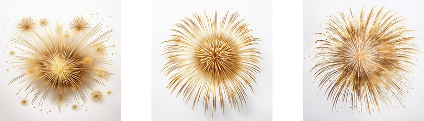 Poster - Three golden, circular bursts of color, resembling fireworks, are arranged in a row on a white background.