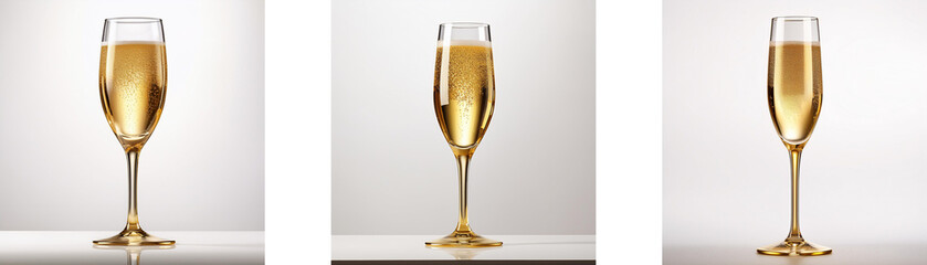 Fototapete - Three champagne flutes filled with sparkling golden liquid stand on a white surface.