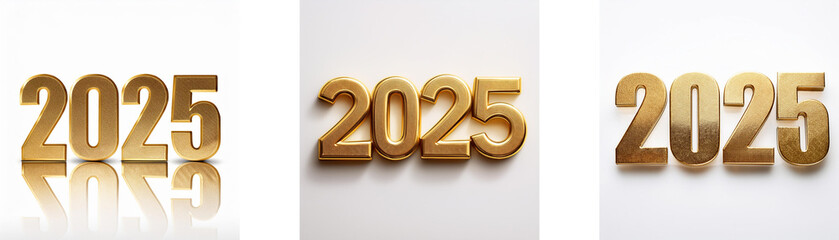 Poster - Three gold-colored, 3D, 2025 numerals on separate white backgrounds.