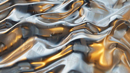 Poster - A close-up view of intricately wrinkled metallic fabric with shiny silver and warm gold tones, showcasing depth and texture for textile industry.