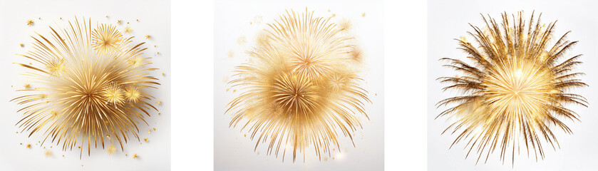 Poster - Three stylized golden firework displays set against a white background.