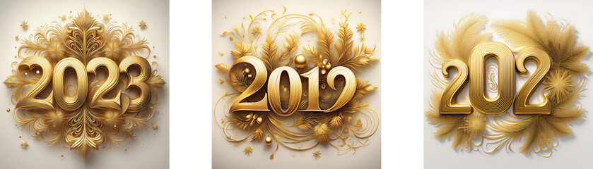 Poster - Three gold numbers, 2023, 2019 and 2022, surrounded by intricate golden floral designs.