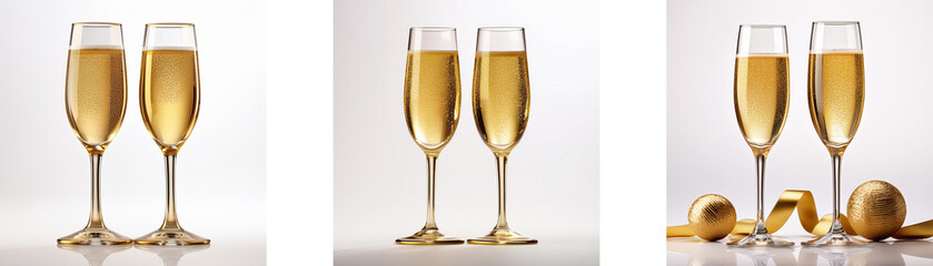 Fototapete - Three sets of champagne flutes, two in each set, with golden ornaments and ribbon in the third set.