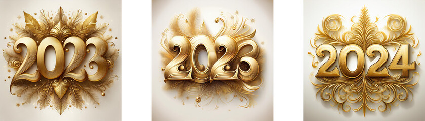Poster - Three golden numbers representing the years 2023, 2024, and 2025, each adorned with intricate gold floral designs.