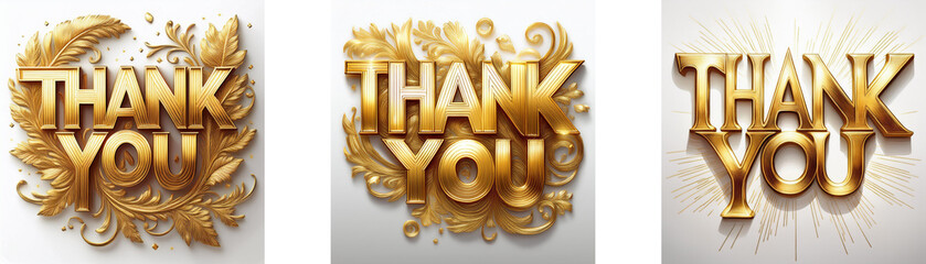 Poster - Three versions of the phrase thank you in gold.  The words are stylized and ornate, with varying backgrounds.