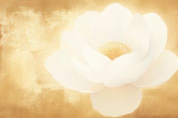 Poster - A soft-focused image of a white lotus flower against a golden textured backdrop, symbolizing purity and beauty for artistic photography.