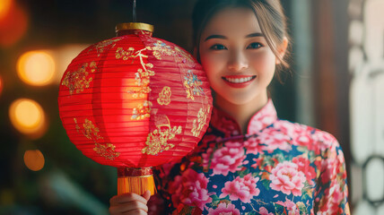 Wall Mural - Beautiful Asian woman holding a red lantern in traditional floral dress, celebrating Chinese festival