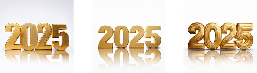 Poster - Three gold 3D renderings of the year 2025 with a reflection, against a white background.