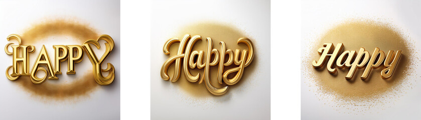 Poster - Three variations of the word happy in a gold tone against a white background with each word surrounded by a light brown circle.