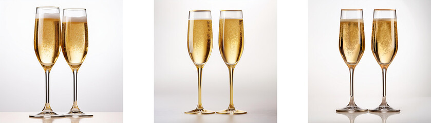 Fototapete - Three pairs of champagne flutes, filled with bubbly beverage, stand on a white background, reflecting light.