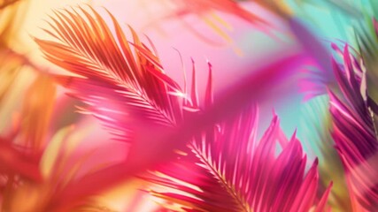 Poster - Colorful palm leaves are overlapping, creating a vibrant and tropical summer background with a gradient of pink, orange, and turquoise