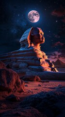 Wall Mural - Detailed side shot of the Sphinx under a full moon, mystical atmosphere with ancient sands and stone, Fourth Dynasty legacy