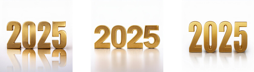 Aufkleber - Three images of the year 2025, each with a slightly different perspective, rendered in gold against a white background.