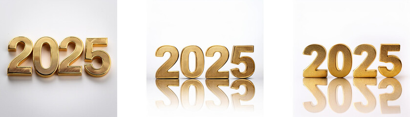Poster - Three images of the year 2025, composed of gold-colored numerals, laid out horizontally on a white background.