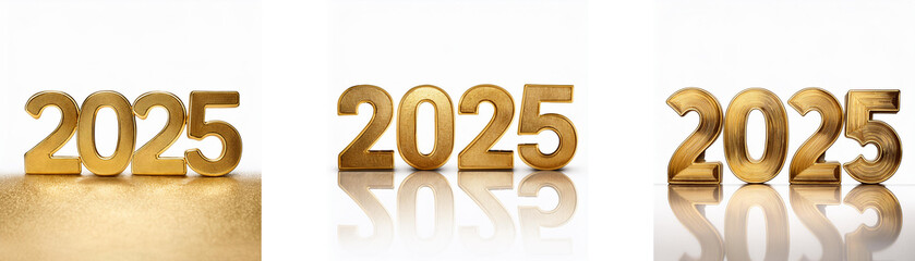 Poster - Three gold 2025s on a white background with subtle reflections.