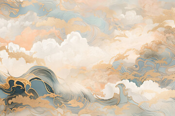 Poster - A beautifully detailed illustration of clouds with soft hues of blue, pink, and gold swirling together, embodying an ethereal and dreamy atmosphere for artistic design.