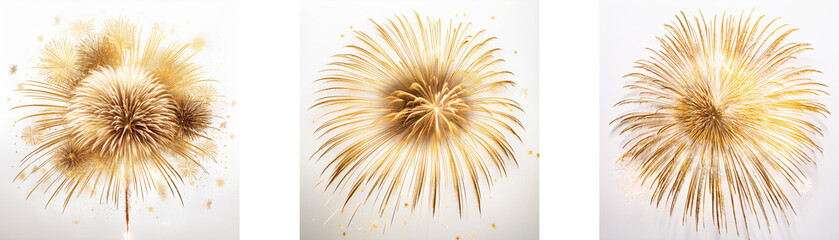 Poster - Three golden firework bursts against a white background.