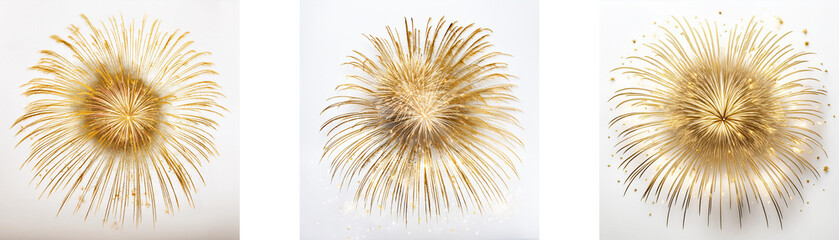 Poster - Three circular abstract shapes created using thin, pale gold lines that radiate outward from a central point.