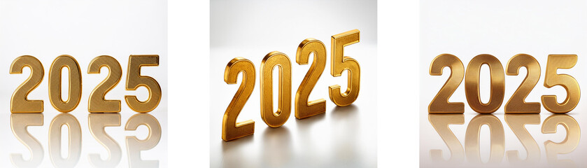 Poster - Three images of the year 2025 in gold, each arranged differently.