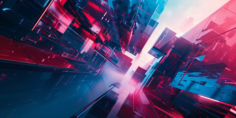 Poster - A futuristic 3D rendering of glass-like structures in blue and red tones, creating a dynamic and immersive visual experience for digital art.