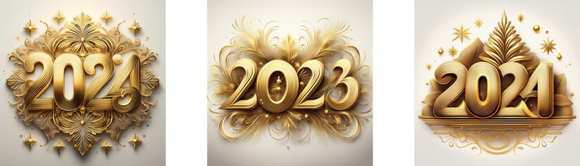 Poster - Three golden 3D numbers, 2021, 2023, 2024, are presented with ornate gold designs.