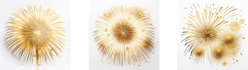 Poster - Three abstract golden firework images on white background.
