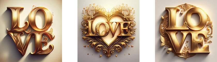 Poster - Three variations of the word love in gold with a decorative background.