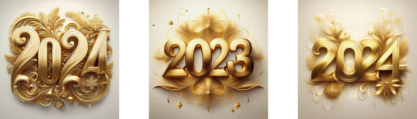 Poster - Three golden years, 2023 and 2024,  depicted with ornate details and sparkling embellishments.