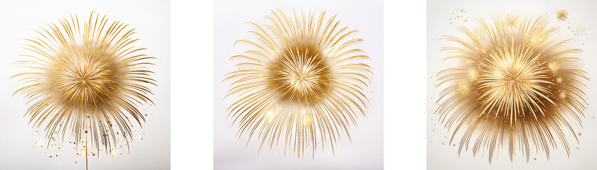 Poster - Three abstract golden fireworks in different stages of expansion against a white background.