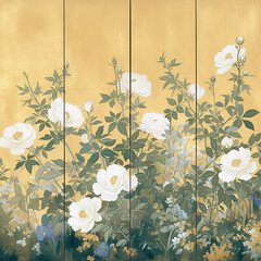 Poster - A beautifully illustrated arrangement of white flowers against a gold background, blending traditional and modern elements for botanical art.