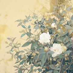 Poster - A detailed illustration of white peonies and leaves on a muted background, capturing the essence of nature and elegance for floral design.