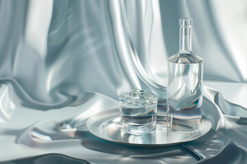 Poster - A still life composition featuring a glass bottle and a glass of water on a reflective tray, set against silky fabric, creating a serene and elegant atmosphere for product photography.