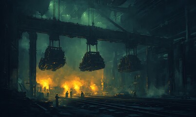Poster - A dark, industrial scene with glowing furnaces, towering machinery, and silhouettes of workers amidst smoke and shadows.