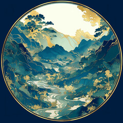 Poster - An artistic representation of a serene valley with flowing rivers and mountains, depicted in a circular format with lush colors and intricate details for landscape design.