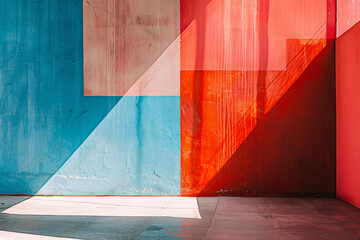 Poster - An abstract image of vibrant colored walls casting shadows in a modern space, showcasing the interplay of light and color for interior design.