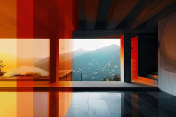Poster - A vibrant interior shot featuring a modern room with large windows overlooking a mountainous landscape, accentuated by colorful light reflections for architectural photography.