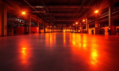 Poster - A spacious industrial interior bathed in warm orange light, featuring polished floors and high ceilings, creating an atmospheric and dramatic setting.