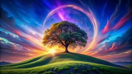 Wall Mural - a solitary tree stands tall against a vibrant sky filled with whimsical clouds and a ring of cosmic 