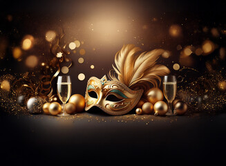 Poster - A golden masquerade mask with feathers rests on a table adorned with champagne flutes, ornaments, and sparkling lights.