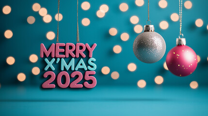 Aufkleber - MERRY XMAS 2025 with colorful ornaments and festive lights creates joyful holiday atmosphere. Celebrate season with vibrant decorations and cheerful vibes