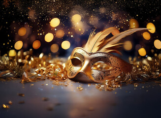 Poster - A golden masquerade mask with feathers lies amongst glittering confetti and out-of-focus lights.