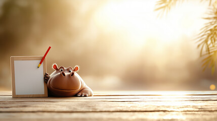 Poster - charming hippopotamus holding chalkboard with red pencil, set against warm, soft background. This playful scene evokes sense of joy and creativity